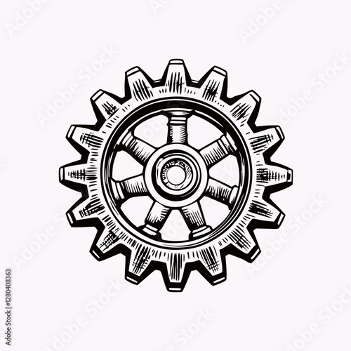 Hand-drawn gear icon in monochrome style, symbol of settings, machinery, mechanics or technology. Concept software UI, factory systems, mechanical engineering.