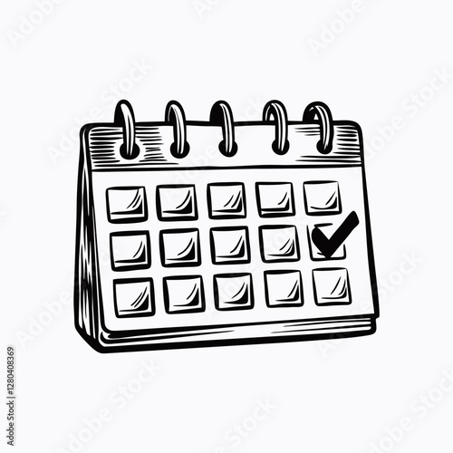 Sketch calendar with checkmark icon, black and white style — symbolizes deadline, schedule or plan. Concept business planning, project management, scheduling app.