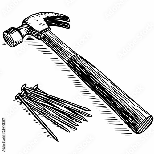 Vintage-style illustration of claw hammer with scattered nails on textured surface. Detailed line drawing showing craftsmanship tools. Concept: Hardware Store, Carpentry Services, DIY Projects