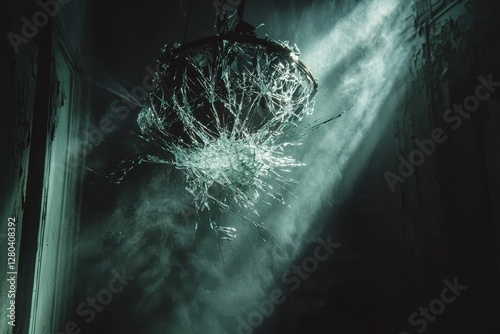 Dramatic image of a broken glass chandelier with light rays shining through, creating a sense of decay and mystery in an abandoned room.