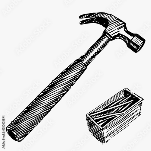 Hand-drawn claw hammer and box of nails in vintage woodcut style. Detailed crosshatching creates rich texture. Concept: Hardware Store, Carpentry Services, DIY Supplies