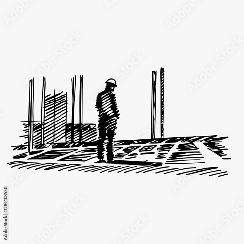 Construction worker focused on task amid building site in expressive sketch style. Dynamic black and white illustration captures working moment. Construction Company, Labor Services, Building Trade