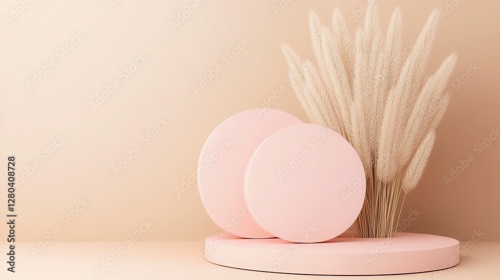 Fototapeta premium Pastel Pink Podium with Dried Flowers and Beige Background