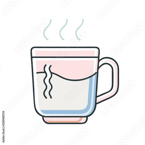 Simple line art mug with rising steam against clean background. Minimalist design in soft pink and blue pastels. Perfect for cozy moments. Concept: cafe, tea shop, wellness center