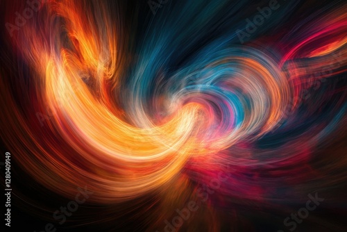 Abstract swirling vortex of vibrant orange, blue, and red hues, creating a dynamic and energetic visual.