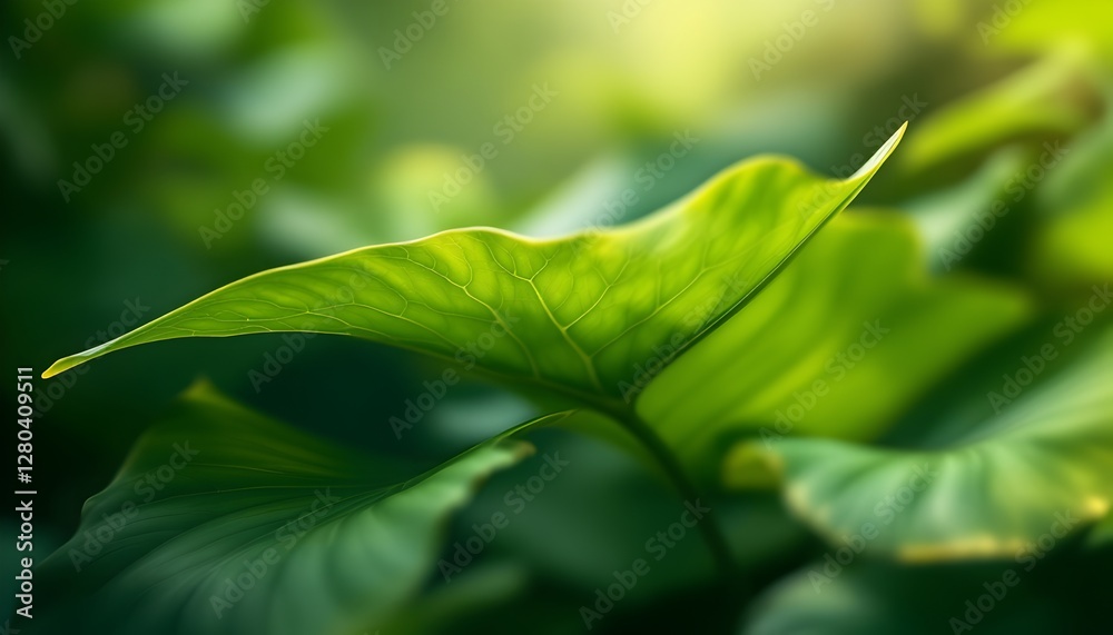 Fototapeta premium Close-up of vibrant green taro leaves showcasing intricate vein patterns and textures in soft, natural light