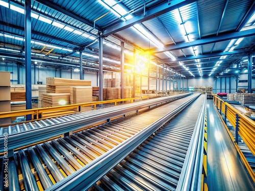 Fast Motion Blur Conveyor Belt in Factory Warehouse, Industrial Background Stock Photo