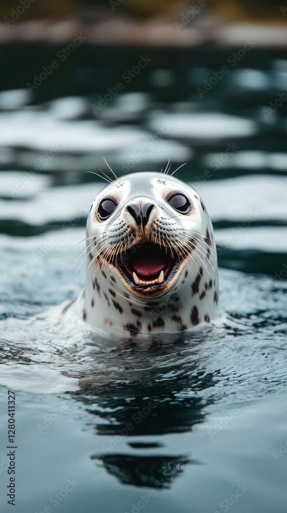 Fototapeta premium Playful Harbor Seal in Dark Water
