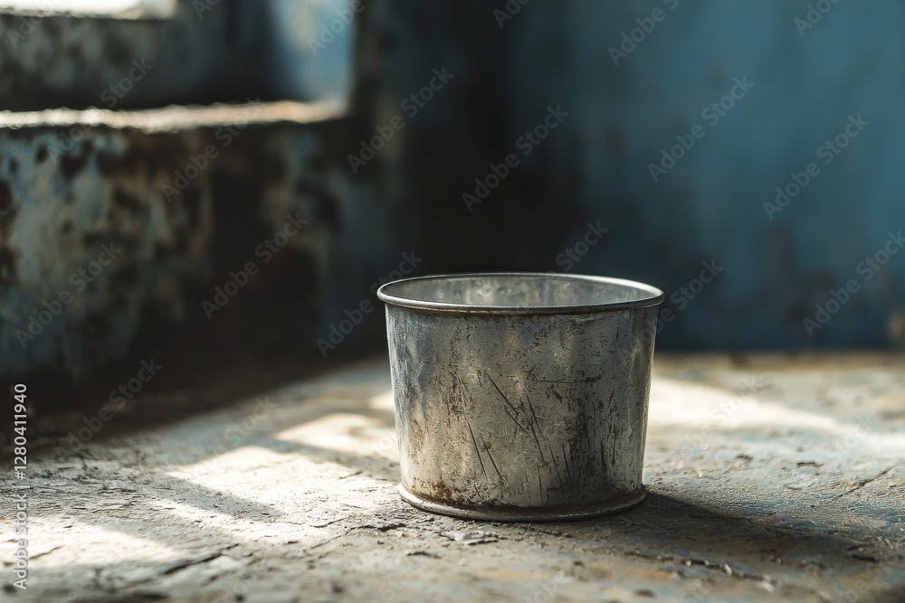 A weathered metal bucket sits on a distressed surface in a rustic setting, showing a lot of textures, shadows and a subdued color palette with blue hues in the background. A weathered metal bucket sits on a distressed surface in a rustic setting, showing a lot of textures, shadows and a subdued color palette with blue hues in the background.