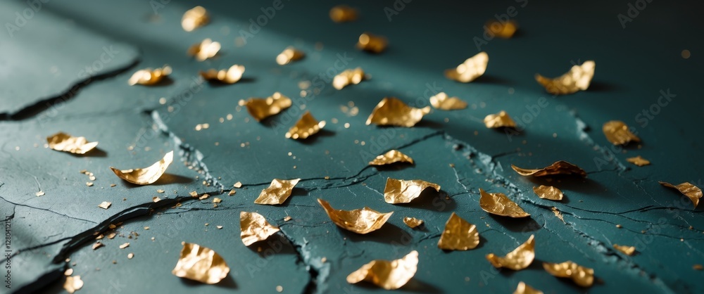 Gold leaf fragments on a dark teal textured surface. Gold leaf fragments on a dark teal textured surface.