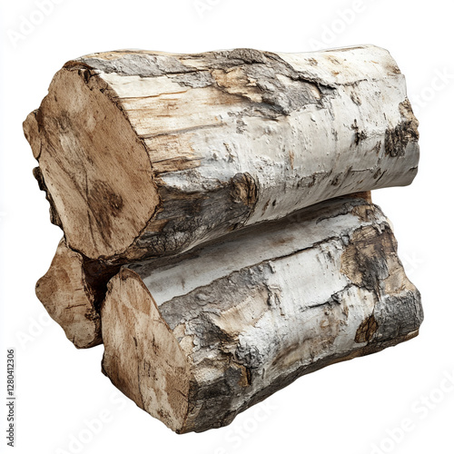 Stacked birch logs show bark and wood grain details. The logs are cut and prepared for firewood, creating a rustic aesthetic. photo