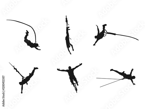 Bungee jumping man silhouette. Bungee Jumping Icon Silhouette Illustration. Bungee jumping silhouette set. Extreme sport. Vector on a white background.