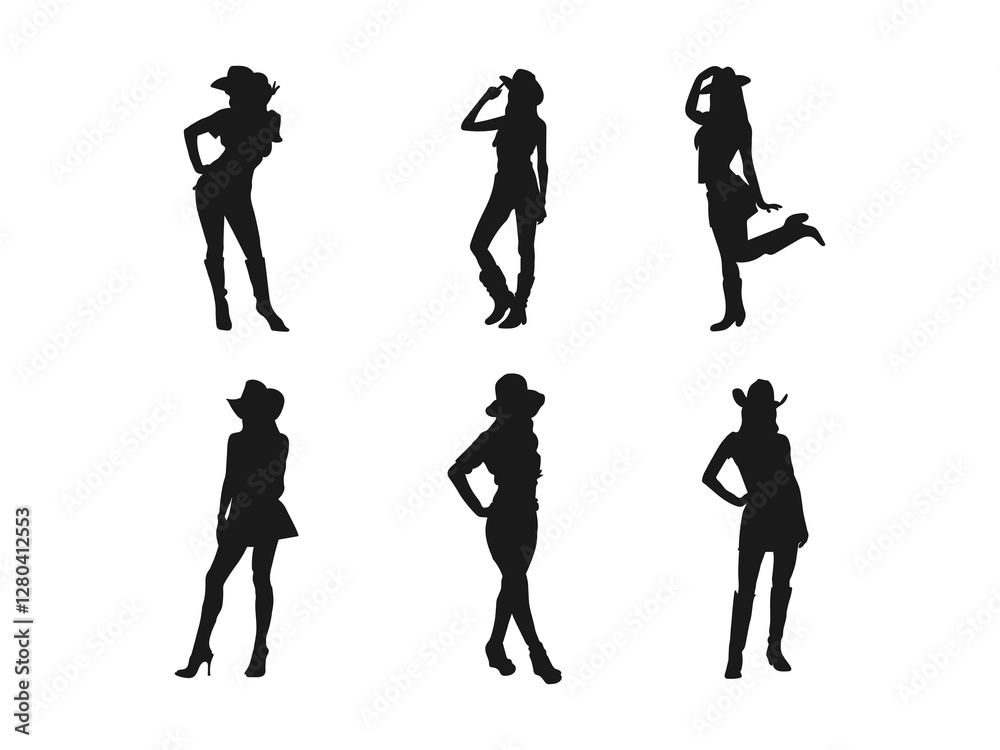 Naklejka premium Hot cowgirl silhouette. Black silhouette of cowgirl in different positions. Vector Set Of Cowgirl Silhouettes Illustration. Silhouette cowgirl standing. Vector on a white background.