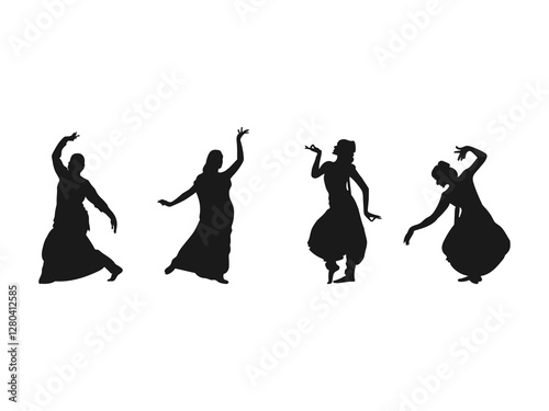A set of silhouettes of women dancers. Asian Traditional Classic Dance. Women dancers dancing in a silhouette. Black silhouettes of women dancers in different positions. Vector on a white background.