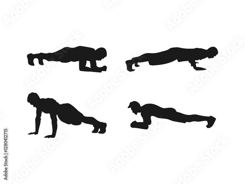 Man doing plank exercise silhouette set. Silhouette sequence of a man doing a push-up exercise. Vector illustration. a silhouette illustration of a man doing a plank. Vecton on a white background.