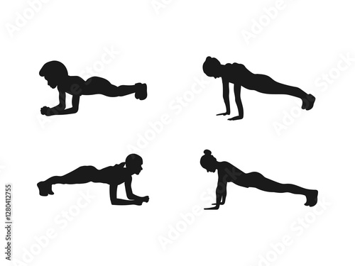 The woman is doing a plank exercise silhouette. Silhouette sequence of a Woman doing a push-up exercise. A silhouette illustration of a woman doing a plank. Vecton on a white background.