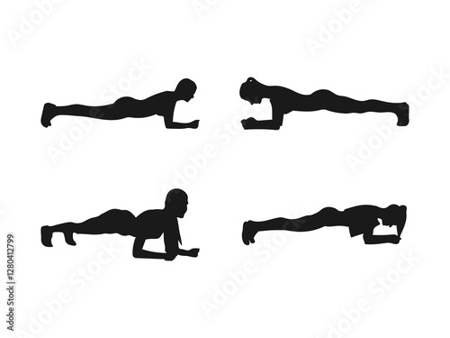 The woman is doing a plank exercise silhouette. Silhouette sequence of a Woman doing a push-up exercise. A silhouette illustration of a woman doing a plank. Vecton on a white background.