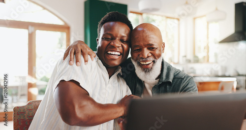 Papier peint Success, hug and senior father with son and laptop for good news, achievement and job promotion
