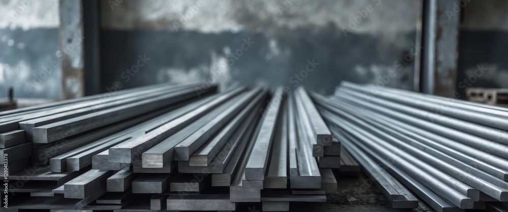 Fototapeta premium Neatly stacked metal rods in workshop setting