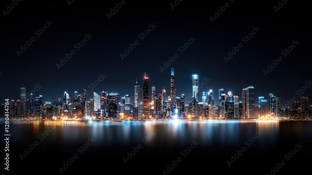 Fototapeta premium City skyline at night with illuminated buildings reflecting in the water under a clear sky