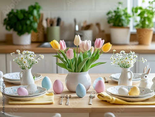 春のチューリップとイースターエッグで飾られたダイニングテーブルの食卓風景 | A Dining Table Decorated with Spring Tulips and Easter Eggs photo