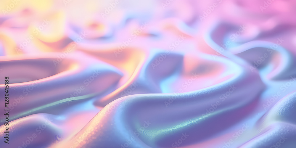 Obraz premium Luxurious iridescent silk fabric with smooth flowing folds, illuminated by soft neon hues of pink, blue, and violet, creating a dreamy, holographic pastel aesthetic.