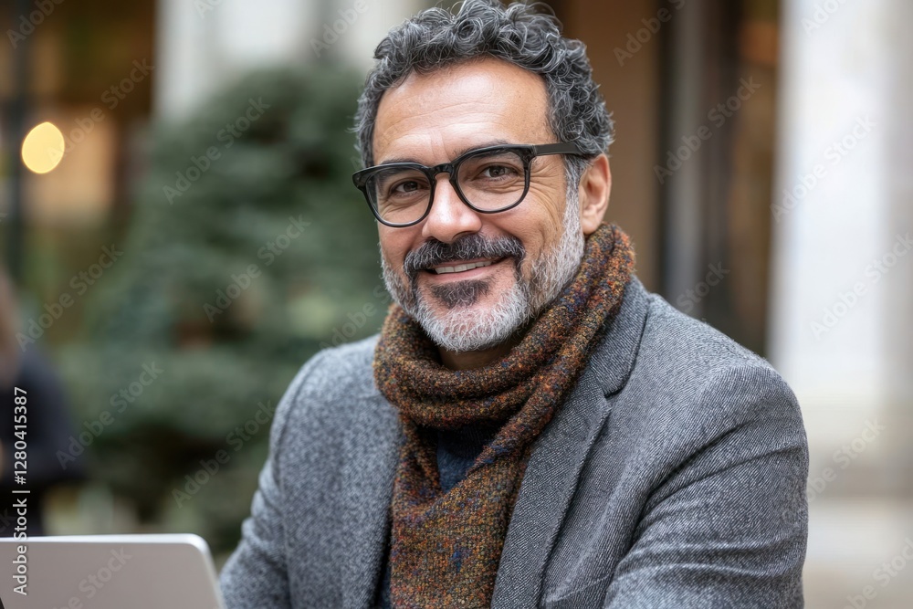 Fototapeta premium Smiling man with laptop wearing scarf enjoys outdoor workspace in urban setting during day