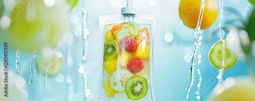 Wallpaper Mural A wellness retreat advertisement showcasing an IV bag filled with tropical fruit elixirs, glowing softly in a serene, nature-inspired environment. Torontodigital.ca