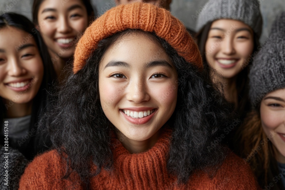 Friends enjoying a winter gathering with warm hats and cheerful smiles in a cozy indoor setting Friends enjoying a winter gathering with warm hats and cheerful smiles in a cozy indoor setting