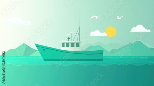 A serene fishing boat gliding through calm waters with mountains and a bright sun in the background