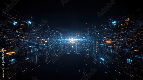 Aerial view of a vibrant city skyline illuminated at night with lights and buildings reflecting on the water