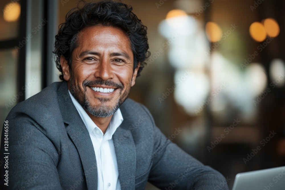 Obraz premium Confident professional man smiles warmly while seated in a modern workspace during the day