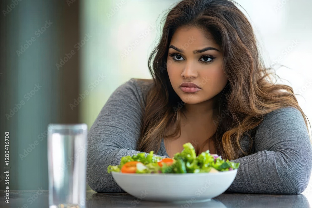 Young woman contemplating her healthy meal while seated at a table in a bright indoor space Young woman contemplating her healthy meal while seated at a table in a bright indoor space