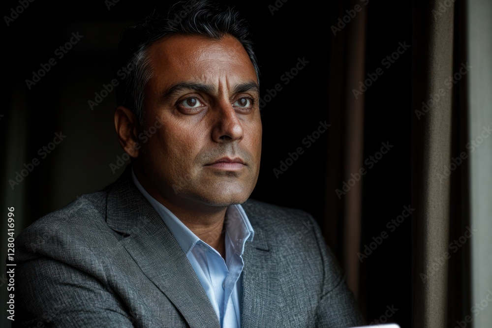 Fototapeta premium Focused professional contemplating thoughts by a window in a modern office setting during daylight