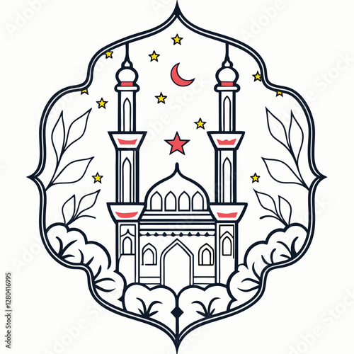 Ornate Islamic Mosque with Minarets and Decorative Frame Vector Illustration

