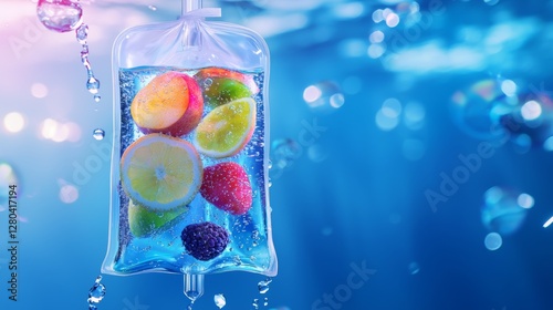 Wallpaper Mural A glowing IV bag filled with fruit slices, immersed in sparkling water, representing a refreshing and revitalizing hydration therapy. Torontodigital.ca