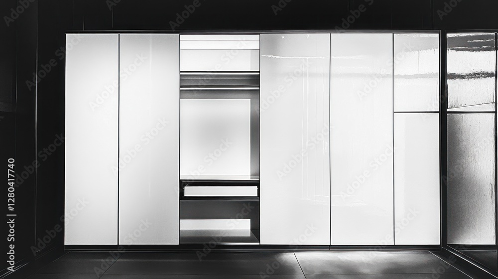Modern wardrobe design with sleek white panels and dark framework Modern wardrobe design with sleek white panels and dark framework