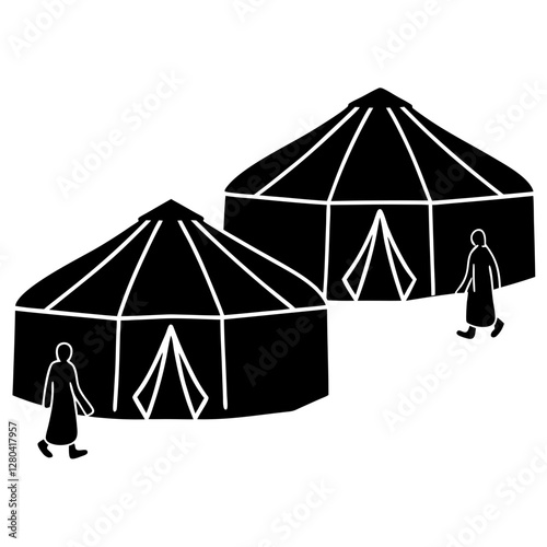 Traditional Tent with Women in Islamic Silhouette Vector Illustration


