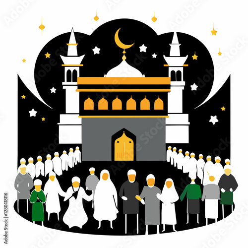 Kaaba with Muslim Pilgrims Performing Hajj and Umrah Vector Illustration

