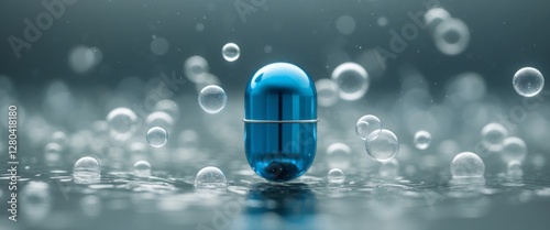 Blue capsule floating in bubbles underwater.