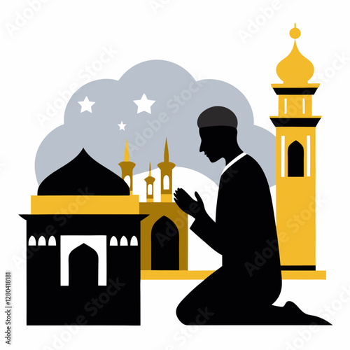Muslim Man Praying in Front of Mosque Islamic Vector Illustration


