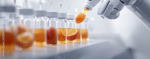 A sci-fi-inspired health lab where AI-powered robotic arms prepare customized vitamin drips using fresh fruit extracts.