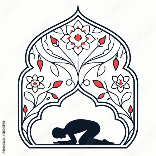 Islamic Sujood Prayer Vector with Ornate Floral Frame