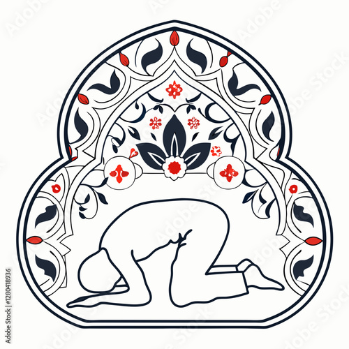 Islamic Sujood Prayer Vector with Ornate Floral Frame