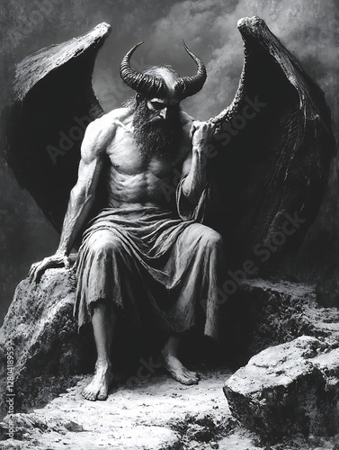 Dark Angel Figure, Sitting, Rocky Landscape, Gloom Background photo