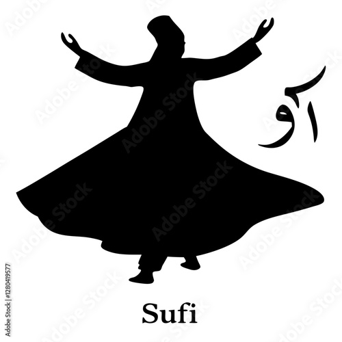 Sufi Whirling Dervish Silhouette Vector with Arabic Calligraphy
