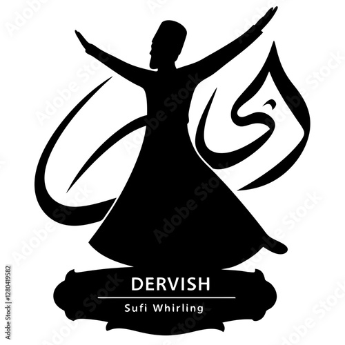 Sufi Whirling Dervish Silhouette Vector with Arabic Calligraphy