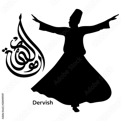 Sufi Whirling Dervish Silhouette Vector with Arabic Calligraphy