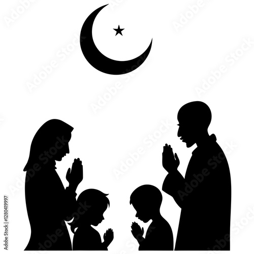 Islamic Family Praying Silhouette Vector with Crescent Moon