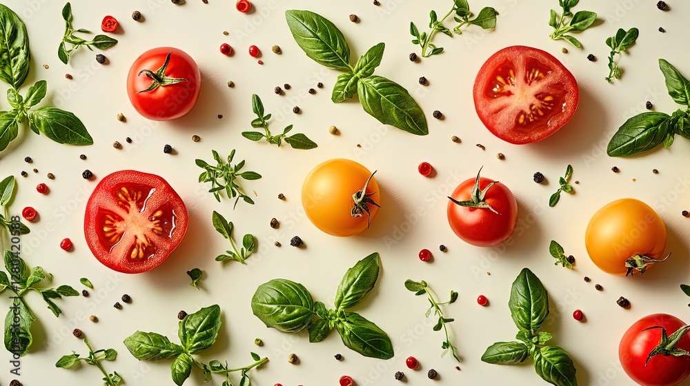 Bright and fresh produce with colorful vegetables and herbs for a food advertising theme Bright and fresh produce with colorful vegetables and herbs for a food advertising theme